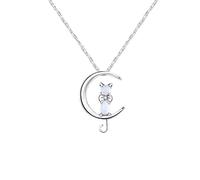 Collana in argento Sterling S925 con gatto e luna in argento Sterling 3D con ciondolo a forma di gatto e luna, regalo per donne e amanti dei gatti, 40 cm (chain length), 21mm x 12mm (pendant size