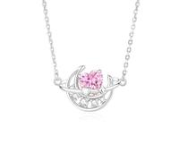 Collana in oro bianco 9 carati, Au375, con ciondolo a forma di cuore, rosa lab, zaffiro, luna e stella, 45 cm, Platino, Moissanite Zaffiro creato in laboratorio Moissanite