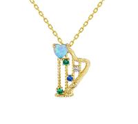 Collana in Oro da Donna, collane con Ciondolo in Oro Giallo 18 carati Arpa con Opale Creato a Cuore e zirconi