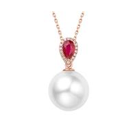 Collana in vero oro rosa, collana da matrimonio, con perle da 10 mm, con rubino artificiale