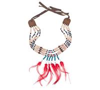 Collana indiana Tiki - con perle di legno e piume - beige rosso - Ottimo accessorio per costumi Wild West per carnevale, feste a tema o feste di compleanno