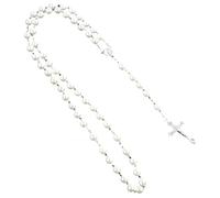 Collana lunga con croce bianca con perle finte, rosario cattolico da donna, nappa fatta a mano e catena in lega di metallo, design unisex, per preghiera e cerimonie religiose