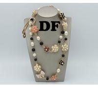 collana lunga donna con perle bianche fiocco fiori strass finitura oro 120 cm