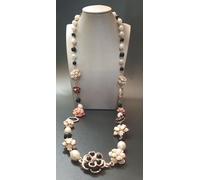 collana lunga donna con perle bianche fiocco fiori strass finitura oro 90 cm