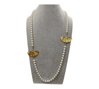 Collana lunga perle bianche con foglie ginkgo dorate - Elegante bijoux donna