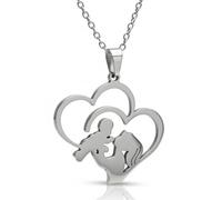 Collana Mamma e Figlio o Figlia con Cuori in Acciaio, Regalo Neomamma | Ciondolo stilizzato con mamma che abbraccia il bambino, simbolo d’amore e idea regalo per nascita o gravidanza
