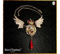 Collana Pendaglio Amuleto Gioiello Talismano Leone Alato Corona Oro Ali Perla