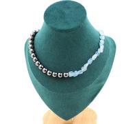 Collana Perle Acquamarina Del Brasile + Ematite 8 Mm. Catena IN Acciaio Collana