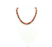 Collana Perle Calcedonio Rosso + Legno 8 MM Catena IN Acciaio Inossidabile