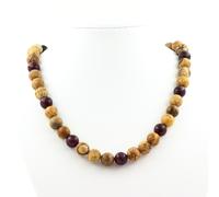 Collana Perle Diaspro Paesaggio + Granato 8 Mm. Catena IN Acciaio Donne, Hom