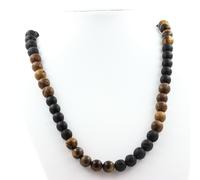 Collana Perle Lava + Occhio di Tigre + Onice Nero Opaco + Legno 8 Mm. Catena