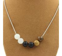Collana Perle Pietra di Luna + Onice Nero Opaco + Legno 8 Mm. Catena IN Fe