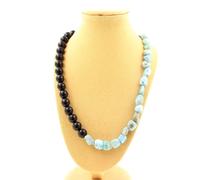 Collana Perle Pietra Larimar Repubblica Dominicana + Agata Nero 8 Mm. Collana Fe