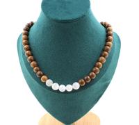 Collana Perle Selenite Del Marocco + Legno 8 Mm. Catena IN Acciaio Donne, H