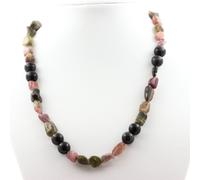 Collana Perle Tormalina Multicolore Del Brasile + Ossidiana Nera 8 Catena IN
