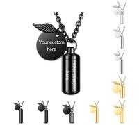 Collana Personalizzata per le Ceneri con Stampa della Foto - Ciondolo in Acciaio Inox con Incisione Testo - Ricordo delle Ceneri per Uomini e Donne con Ali d'Angelo (Nero-A)