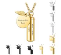 Collana Personalizzata per le Ceneri con Stampa della Foto - Ciondolo in Acciaio Inox con Incisione Testo - Ricordo delle Ceneri per Uomini e Donne con Ali d'Angelo (Oro-A)