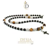 Collana pietre dura naturali onice nero occhio di tigre Rosario uomo con croce