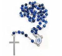 Collana rosario con perline di vetro blu da 6 mm, croce stampata, perline di preghiera cattolica da 51 cm, perfetta per regali spirituali