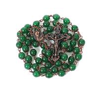 Collana rosario con perline in pietra naturale Design in rame antico Medaglia del suolo sacro e croce in sacchetto di velluto - Rosari cattolici Terra Santa Gerusalemme (Giada Verde)