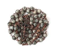 Collana rosario con perline in pietra naturale Design in rame antico Medaglia del suolo sacro e croce in sacchetto di velluto - Rosari cattolici Terra Santa Gerusalemme (Mappa Grigia)
