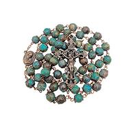Collana rosario con perline in pietra naturale Design in rame antico Medaglia del suolo sacro e croce in sacchetto di velluto - Rosari cattolici Terra Santa Gerusalemme (Diaspro Verde)
