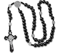 Collana Rosario Croce Cattolica, Collana di Perline di Preghiera in Legno Naturale, con croce medaglia Gesù Cristo San Benedetto, per Comunione Religiosa Cristiana Cattolica, Battesimo, Messa, Bibbia
