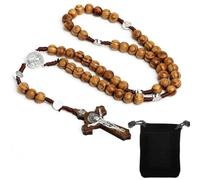 Collana rosario croce cattolica, perline di preghiera in legno naturale con croce medaglia, per i cristiani cattolici Comunione religiosa, Battesimo, Messa, Bibbia, Ideale come regalo religioso(A)