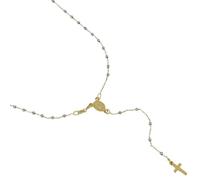Collana rosario oro giallo e bianco 18 kt bicolore con catenina rolo' ovale e grani lisci croce pendente e madoninna gioiello preghiera uomo donna unisex lunghezza catenina 50 cm
