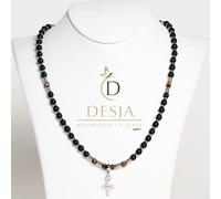 Collana Rosario pietra naturale Onice Nero e Occhio di Tigre con croce acciaio