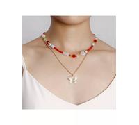 Collana set donna girocollo perle 2 fili colorata rosso pietre dure 71334