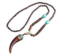 Collana Unisex Fatta a Mano Nepal Buddista Perline di Legno Collana con Ciondolo Corno di Pesce Etnico Lunga Dichiarazione Gioielli da Uomo da Donna