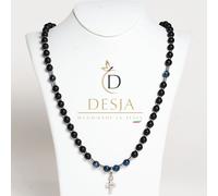 Collana Uomo Rosario pietra naturale Onice Nero e Cianite croce in acciaio Desja
