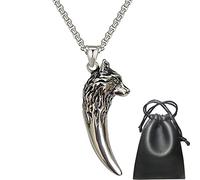 Collana Vichinga Ciondolo Testa di Lupo Celtico, Dente Lupo Odino Gioielli in Acciaio Inossidabile Regalo Amuleto Punk Vintage Nordico - Catena 60 Cm Uomini e Donne