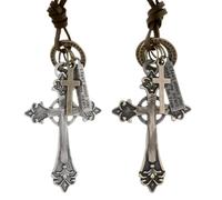 Collana vintage con ciondolo a forma di croce intagliata, lunga pelle bovina, coulisse regolabile, doppia croce per uomini e donne, catena per maglione, Misura unica, Acciaio inossidabile, Zirconia
