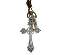 Collana vintage con ciondolo a forma di croce intagliata, lunga pelle bovina regolabile, doppia croce per uomini e donne, catena per maglione, Acciaio inossidabile, Zircone sintetico