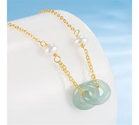 Collane con Ciondolo in Giada con Doppio Cerchio di Perle per Donna Catena con clavicola in Argento Sterling 925 (Colore Gemma: Oro, Lunghezza: 45 cm)