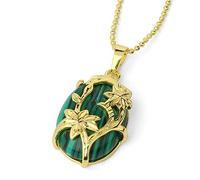 Collane Con Ciondolo In Pietra,Ciondolo Ovale Da Donna Vintage Ciondolo In Pietra Preziosa Malachite Fiore Dorato Della Vita Catena Di Perline Avvolgere Gioielli Enti Per La Festa Regalo Di Comp
