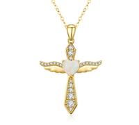 Collane con croce in argento sterling 925 per donne, collana con pendente croce con ali di angelo in tono oro/argento. (Oro + opale bianca)