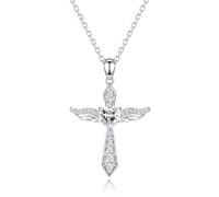 Collane con croce in argento sterling 925 per donne, collana con pendente croce con ali di angelo in tono oro/argento. (Argento + zirconio bianco)
