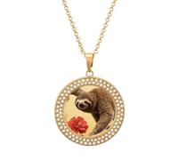 Collane con diamanti a forma di bradipo e fiore da donna, collana con ciondolo rotondo con catena regolabile da 40 cm, chiusura a moschettone, regalo commemorativo personalizzato per amicizia, coppia