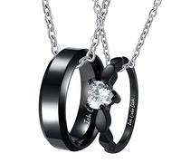 Collane per Partner con Incisione in Acciaio Inox con Incisione ''ICH Liebe Dich'', Catene per Partner a Cuore Testo a Scelta 2 Pezzi con Anelli Ciondolo con zirconi Bianco, Nero,
