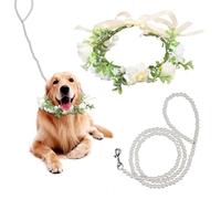 Collare Fiori Matrimonio Cane, Collare Bianco Cane Matrimonio Cucciolo Femmina con Accessori Floreali con Guinzaglio di Perle Perline per Cani di Taglia Media Animali domestici Foto Prop