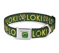 Collare per cani con fibbia Kawaii Loki in piedi in posa testo verde giallo 11 a 17 pollici larghezza 3,5 cm