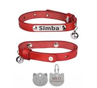 Collare per gatti in vera pelle con targhetta incisa, campana e etichetta personalizzata opzionale, rosso, con targhetta per il viso di gatto argento)