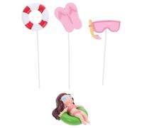 COLLBATH Set 4 Pezzi Decorazioni per Torte Estive a Tema Spiaggia in Resina - Accessori per Torta Compleanno Occhiali da Nuoto, Ciambella, Pantofole e Figura Donna - Decorazioni Festa Mare
