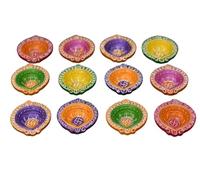 Collectible India Clay 12 Diyas Diya Deepak Earthen Assorted Colorful Set Mix Color (Set of 12)