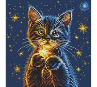 Collection D'Art BC8116 BC8116 - Kit per punto croce, motivo: gatto che tiene la stella, tela Aida blu, 14 ct, fili DMC, 19 x 19 cm