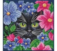 Collection D'Art Kit per punto croce, motivo: gatto tra i fiori, tela Aida blu 14 ct, filo DMC, 12,5 x 12,5 cm, grafico digitale, BC8132