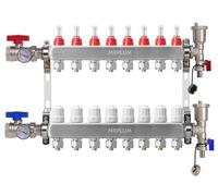 Collettore di calore radiante a 8 rami, collettore PEX in acciaio inossidabile con prese compatibili per riscaldamento a pavimento radiante idronico (adattatori da 1/2" inclusi)